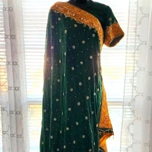 Pre-pleated detailed saree. Green and yellow